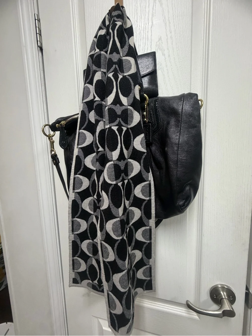 Black and White Women's Shoulder Bag with Patterned Scarf